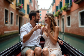 Couple en gondola à Venise avec toast au vin