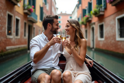 Couple en gondola à Venise avec toast au vin