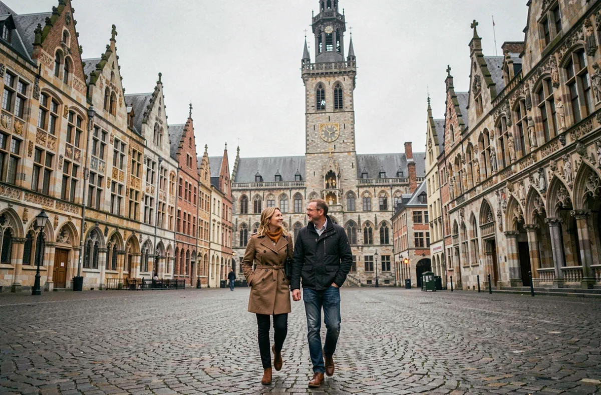 Couple se promenant sur la Grand-Place de Bruges avec beffroi et architecture flamande médiévale