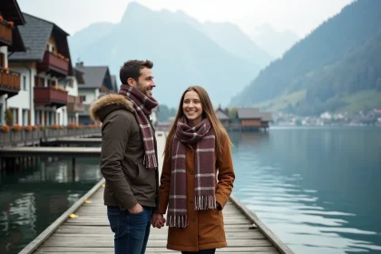 Jeune couple souriant au lac Hallstatt en Autriche
