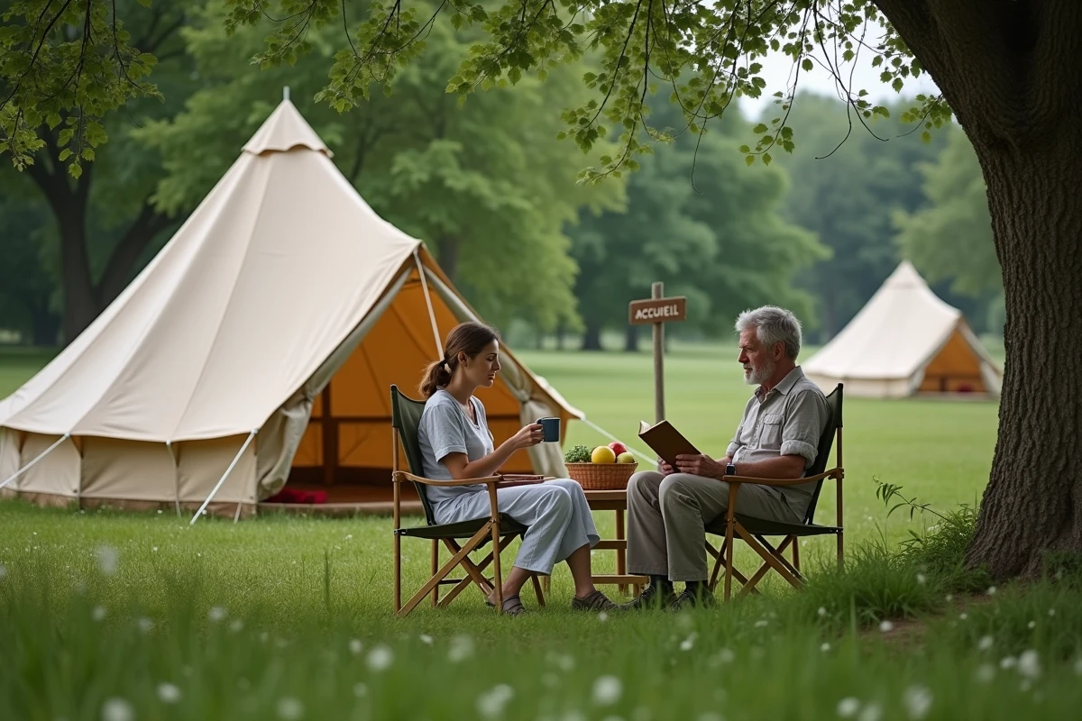 Couple se relaxant en plein air devant une tente en toile dans un petit camping familial entouré de chênes et de prairie verte