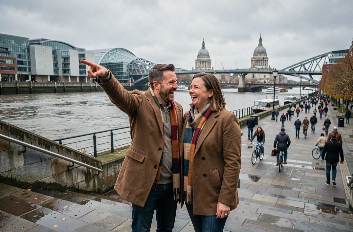 Couple riant sur les marches menant au South Bank de Londres, avec la Tate Modern et le Millennium Bridge en arrière-plan lors d'une promenade dans le centre-ville