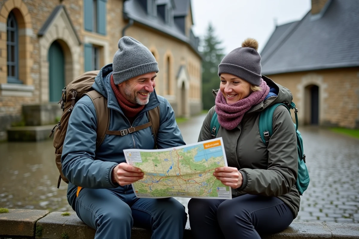 Couple de randonneurs consultant une carte IGN assis sur un muret en pierre dans un village normand typique