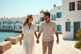 Couple romantique se promenant sur un bord de mer tunisien avec architecture blanche et bleue typique