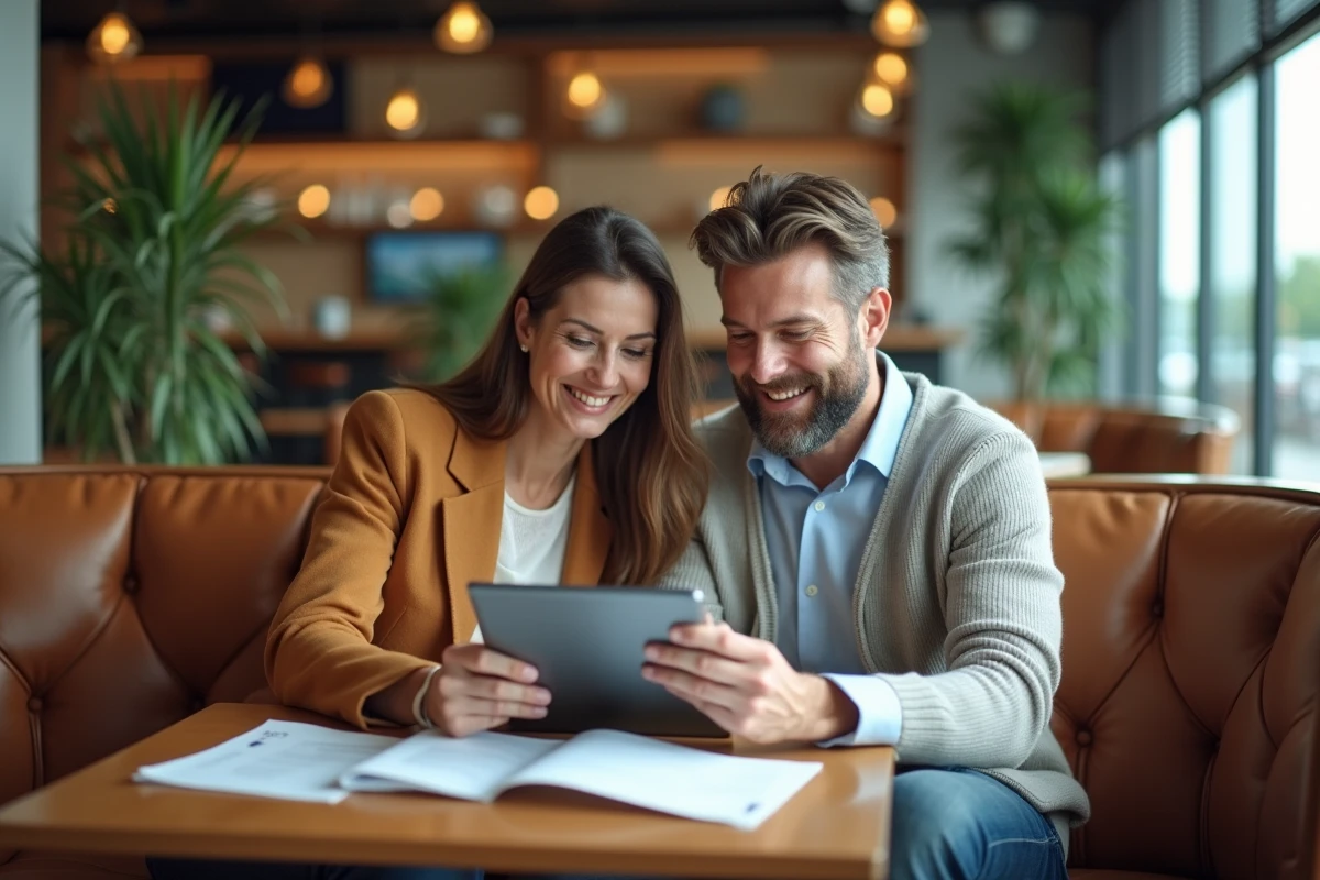 Couple consultant des documents d'assurance voyage et d'abonnement MisterFly Club dans un salon d'aéroport premium