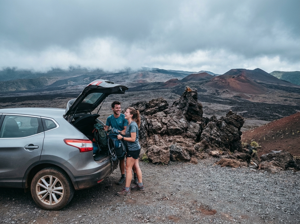 Couple chargeant leurs sacs à dos dans un SUV de location devant les champs de lave du Piton de la Fournaise à La Réunion