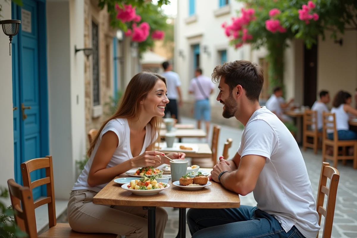 Jeune couple dégustant des meze à Tinos en septembre