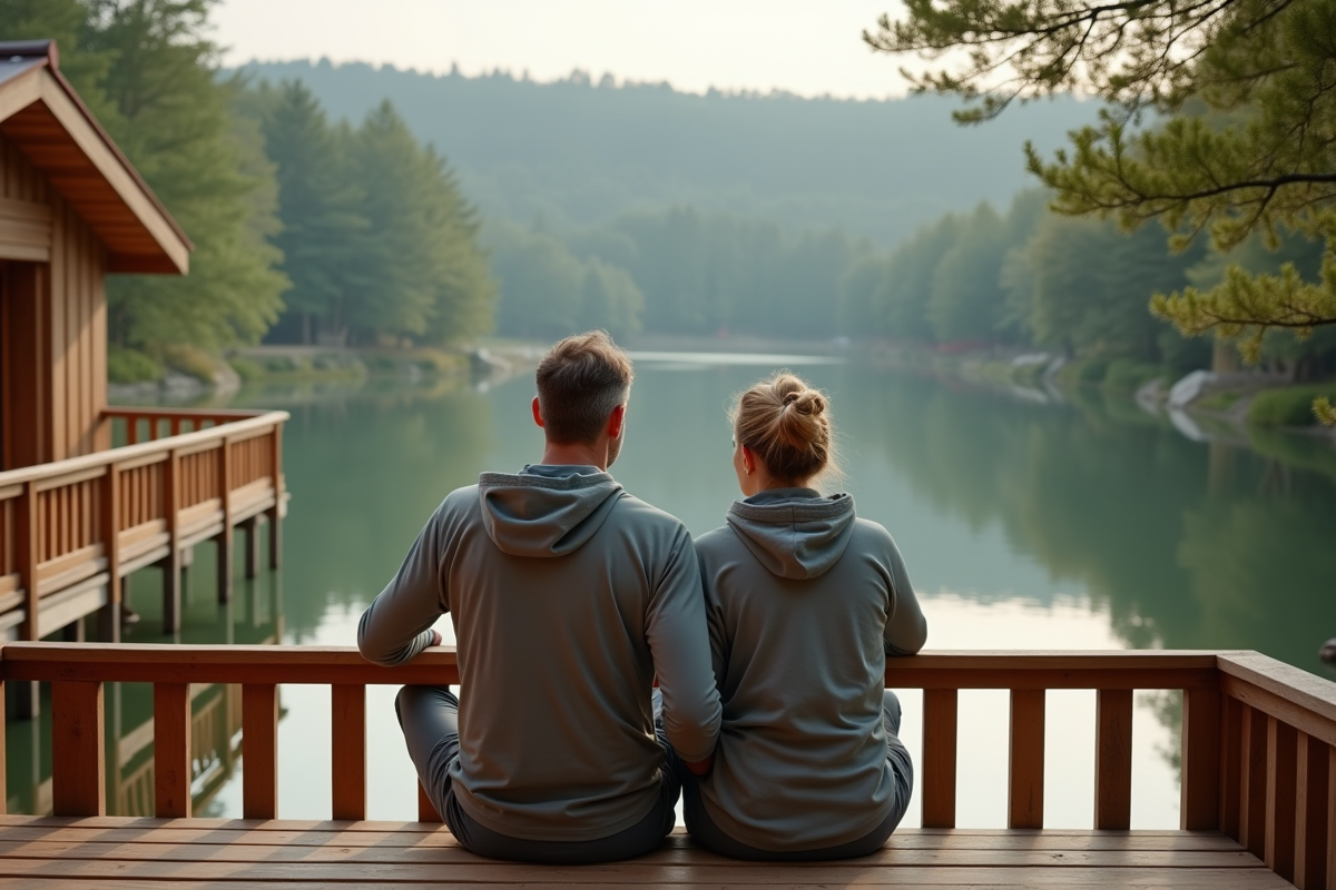 Couple détendu sur terrasse avec vue sur lac