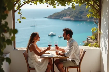 Couple amoureux dégustant du vin en terrasse avec vue sur la mer Égée à Skopelos, entouré de murs blanchis à la chaux et de bougainvilliers