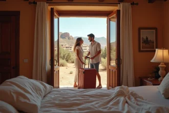 Jeune couple souriant dans une chambre rustique en Espagne