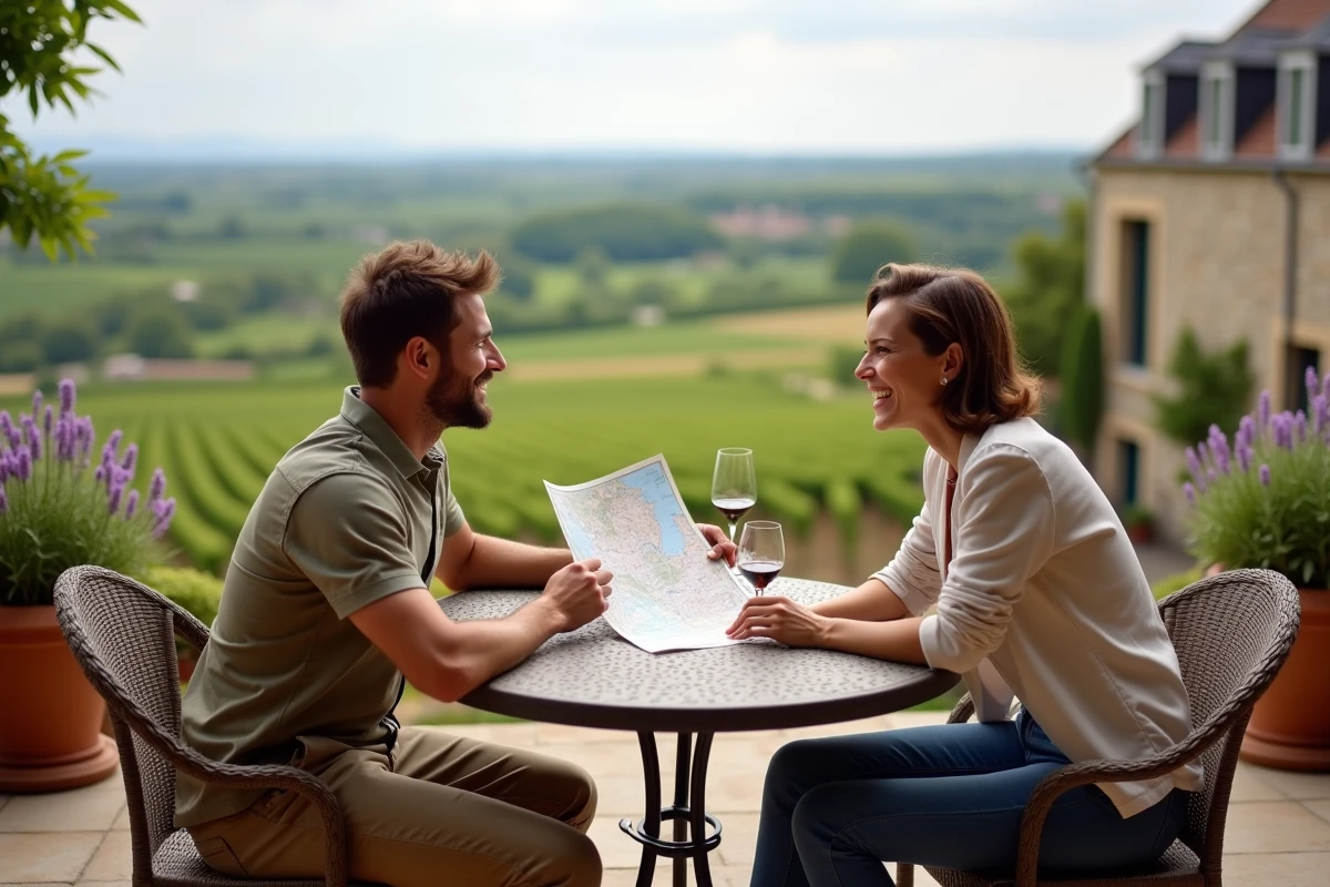 Couple détendu partageant une carte de vignobles à l
