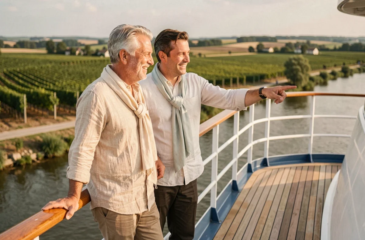 Couple de voyageurs profitant d'une croisière sur la Loire en admirant les vignobles depuis le pont du bateau