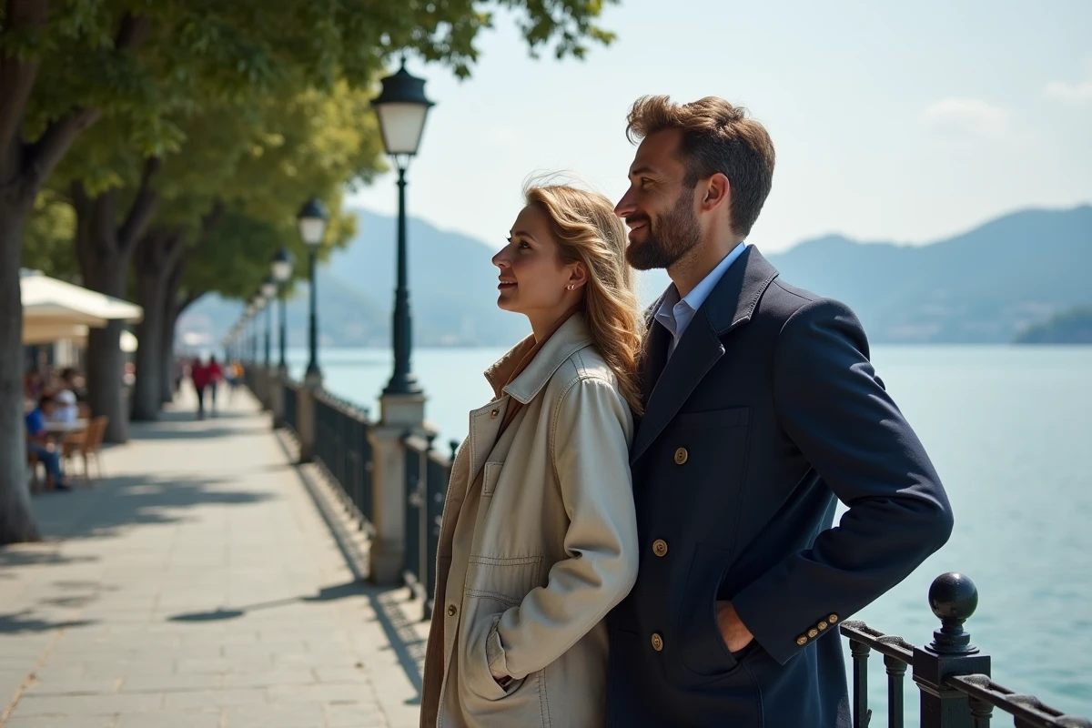 Couple de voyageurs au bord d'un lac italien comparant le lac de Côme et le lac Majeur sur une promenade