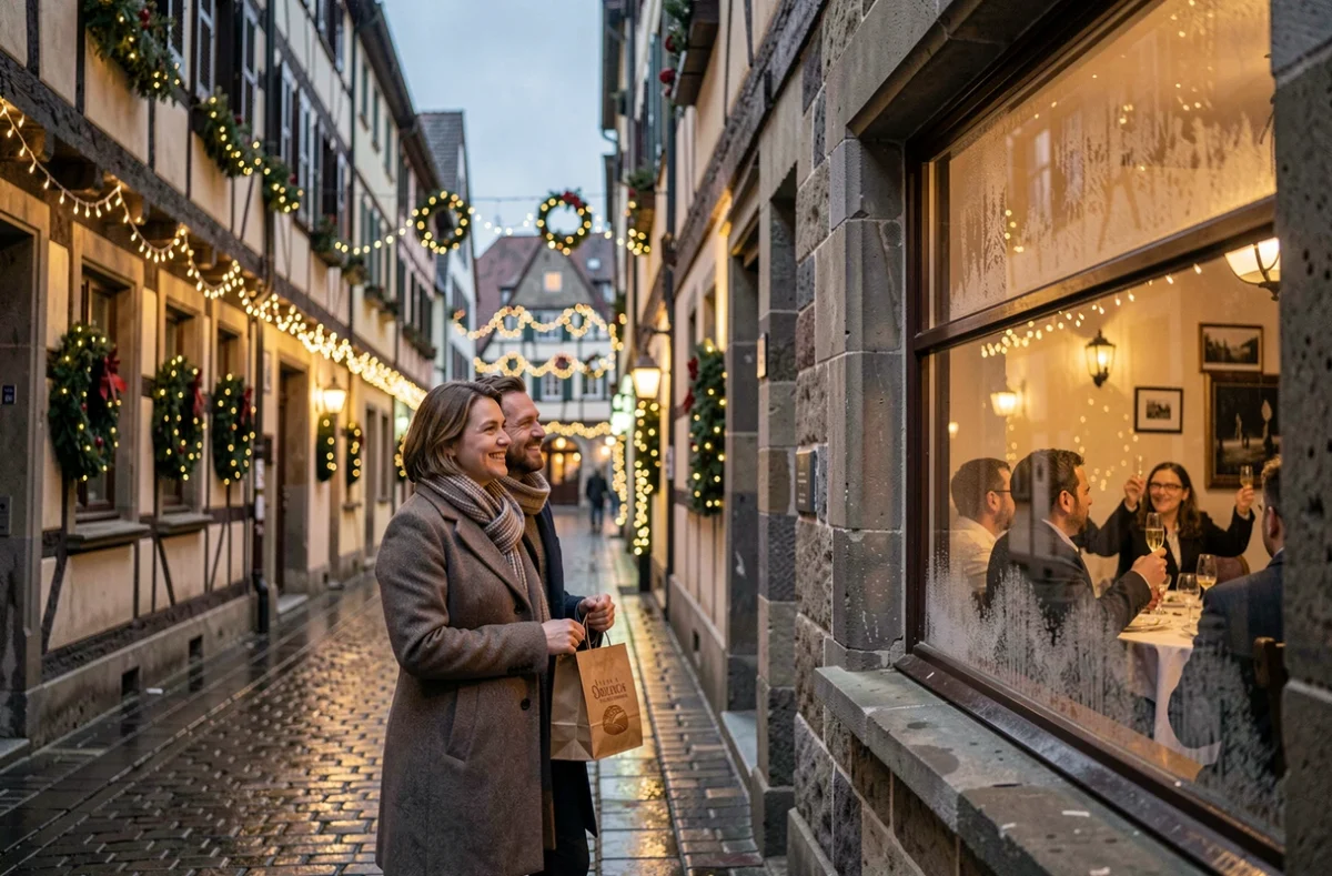 Couple devant une winstub alsacienne éclairée pour le réveillon du Nouvel An dans les ruelles de Strasbourg