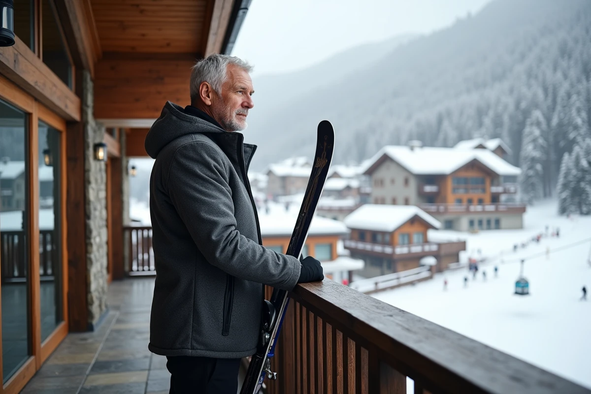 Skieur élégant sur la terrasse d'un lodge haut de gamme de Courchevel 1850 avec les pistes parfaitement damées en contrebas
