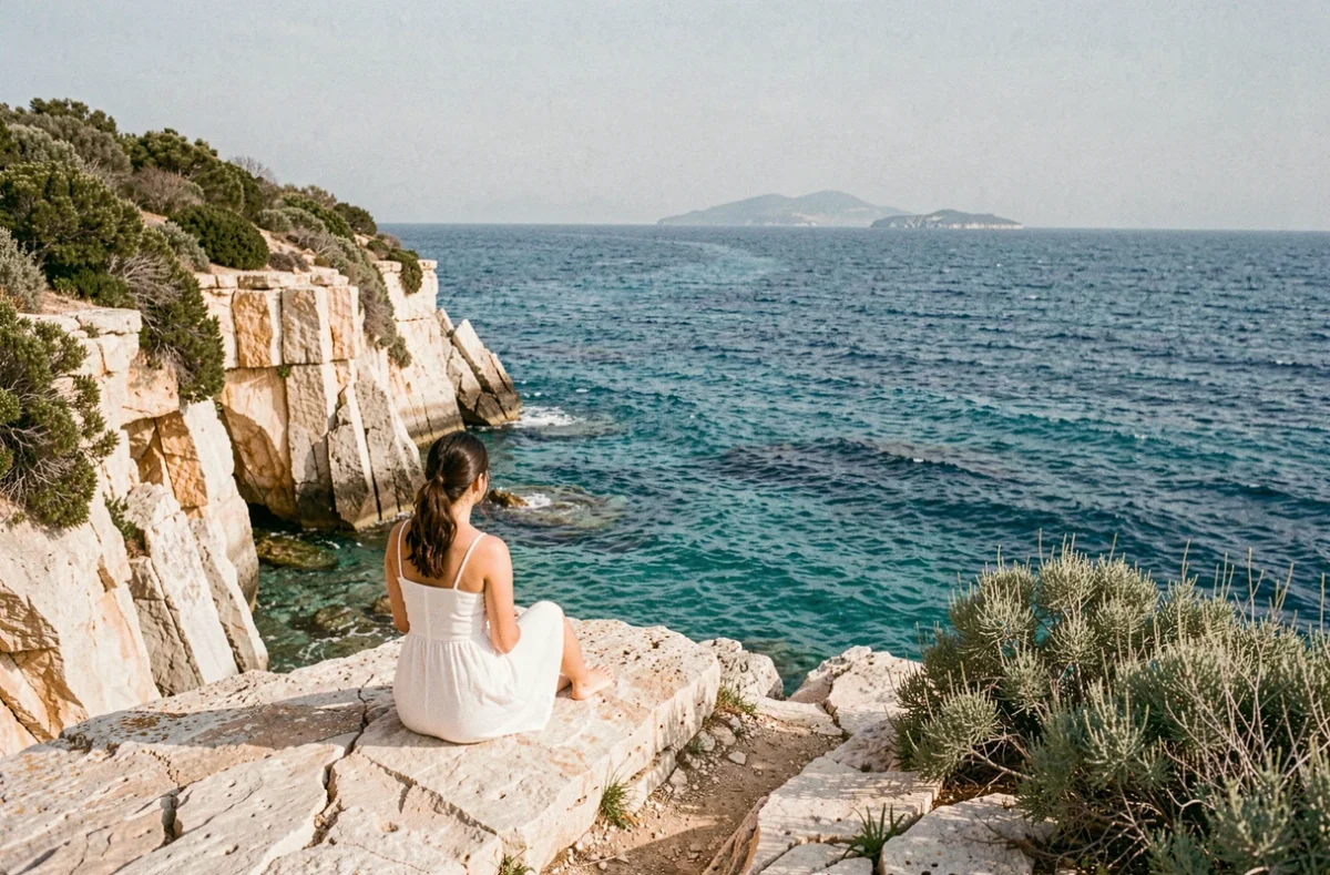 Crique rocheuse isolée de la côte sicilienne avec une voyageuse solitaire contemplant la mer turquoise loin des foules