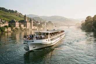 Bateau de croisière fluviale naviguant sur le Rhône avec des villages médiévaux et des vignobles en arrière-plan