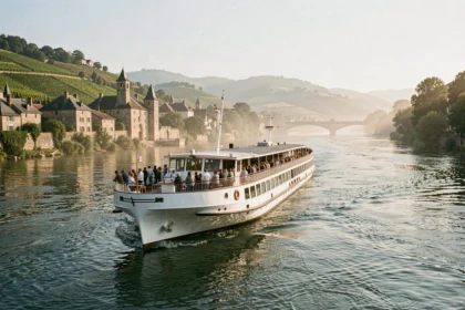 Bateau de croisière fluviale naviguant sur le Rhône avec des villages médiévaux et des vignobles en arrière-plan