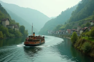 Bateau de croisière naviguant sur la Moselle allemande avec des vignobles en terrasses et un château médiéval en arrière-plan
