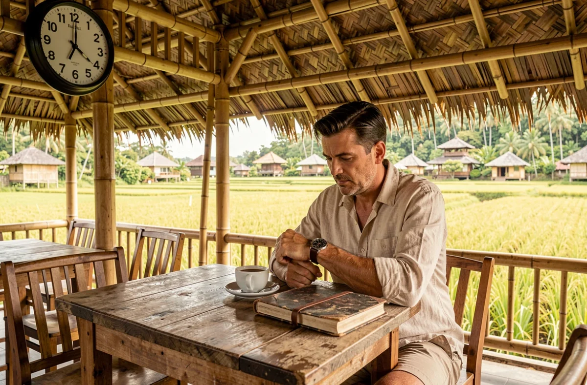 Voyageur français comparant sa montre à l'heure locale balinaise dans un café warung traditionnel face aux rizières