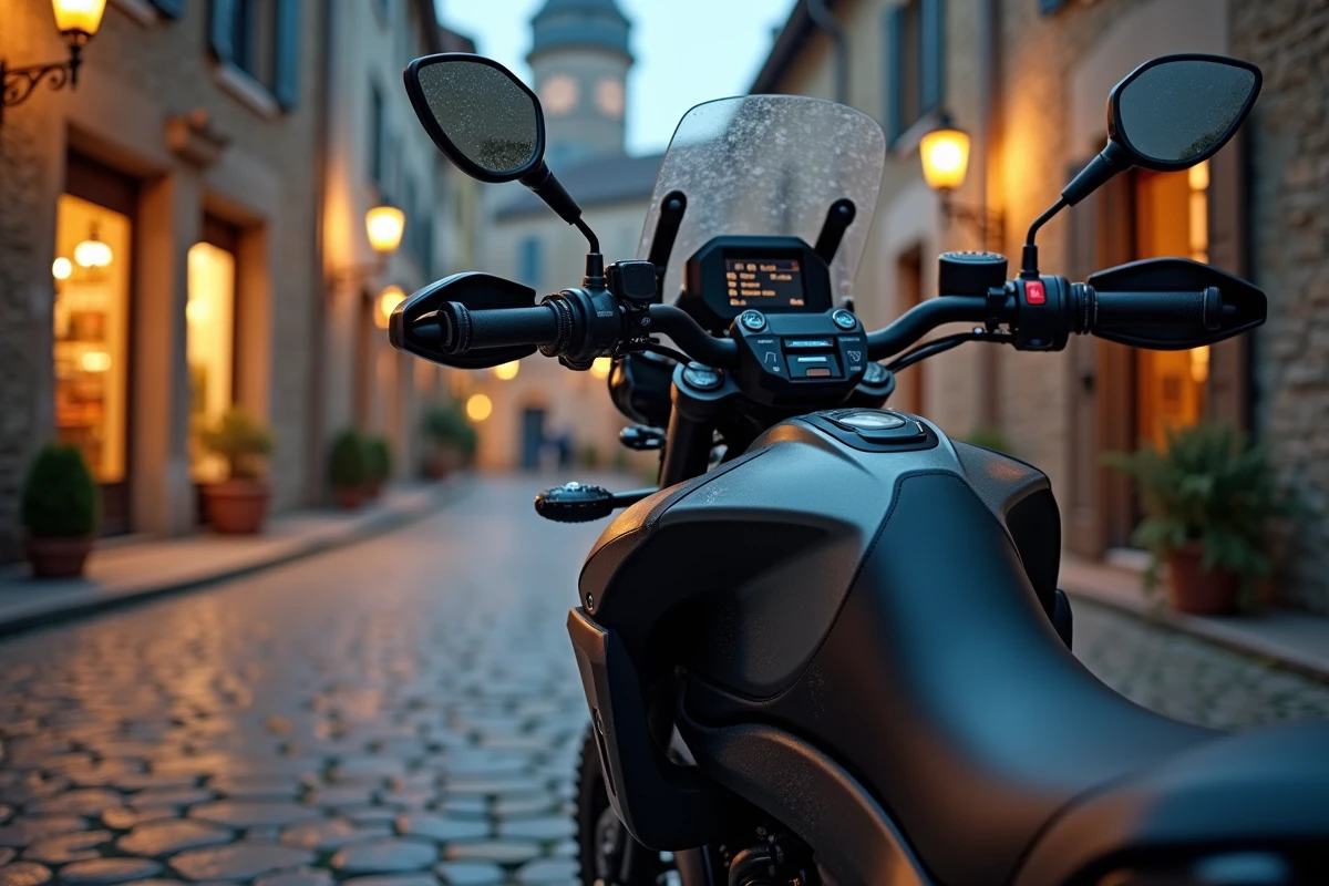 Détail d'une moto aventure 2026 garée sur les pavés d'un village médiéval français avec GPS actif et bagages de voyage