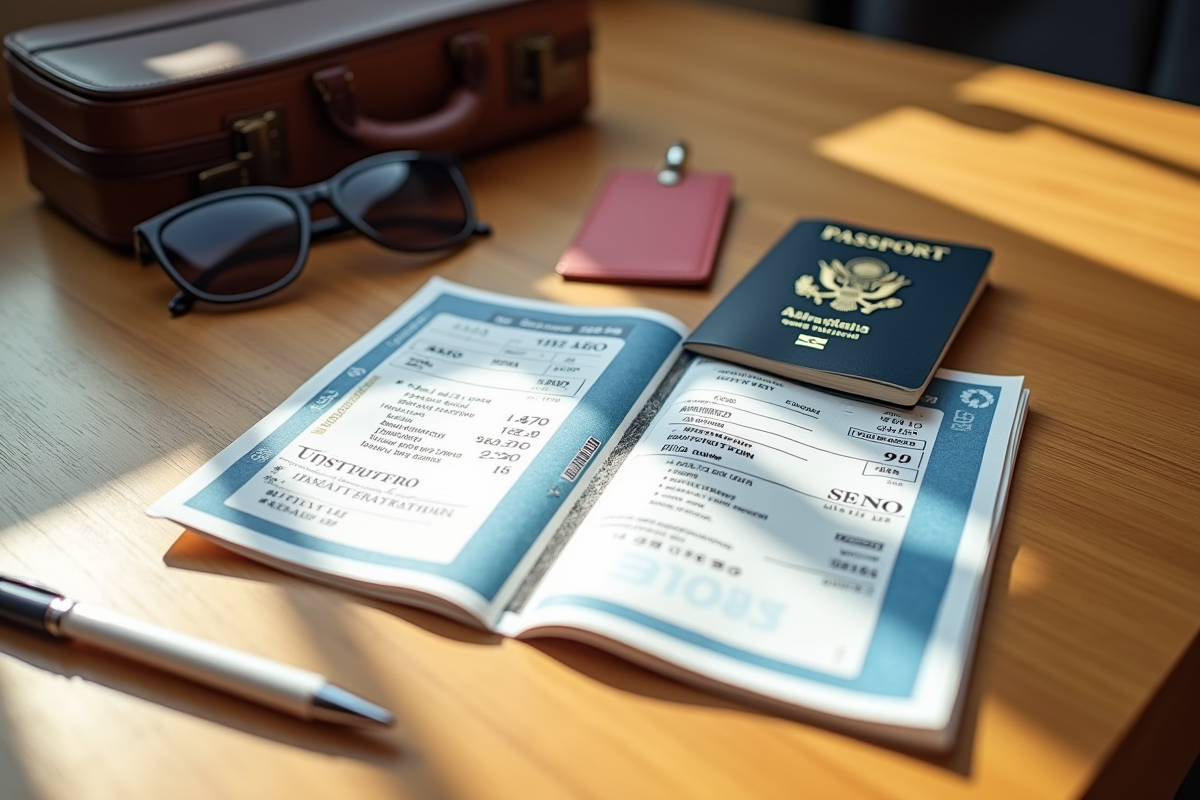 Documents de voyage et accessoires sur une table en bois en plein jour