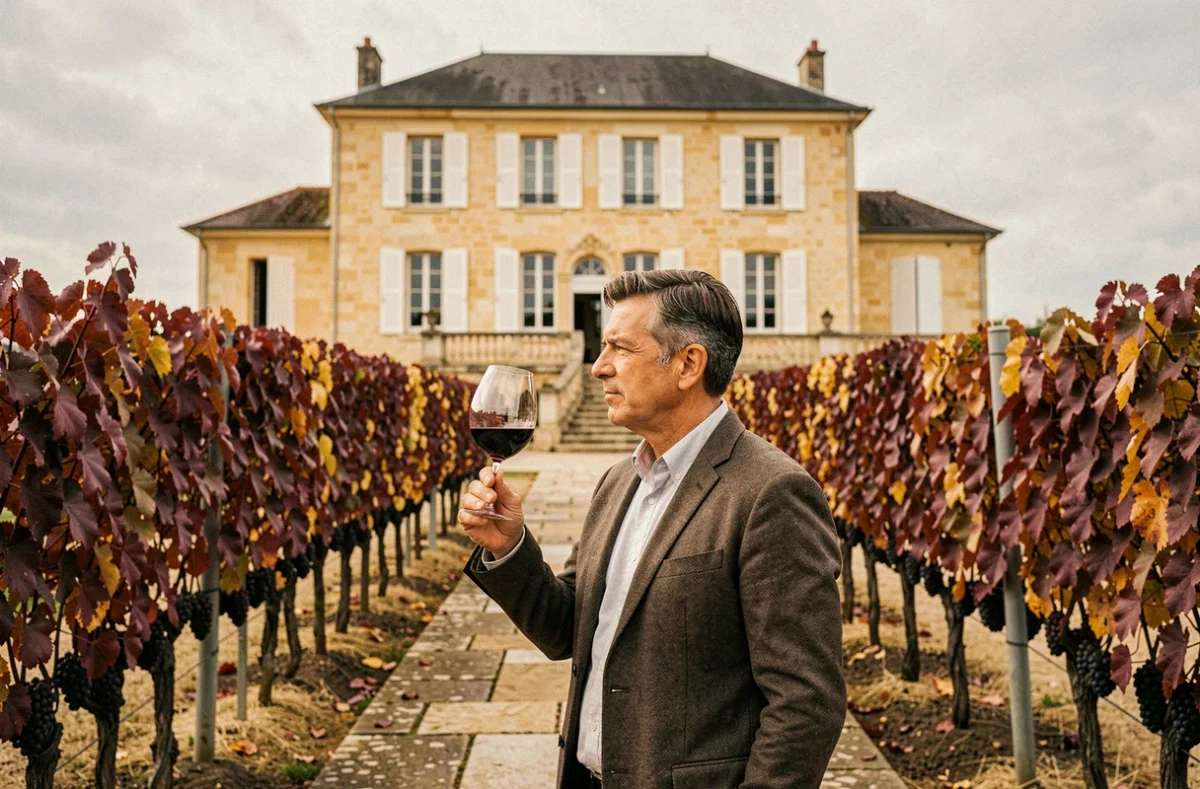 Le Domaine de Beaulieu, manoir viticole à Saint-Émilion avec vignes en couleurs d'automne et propriétaire dégustant un grand cru entre les rangées de Merlot