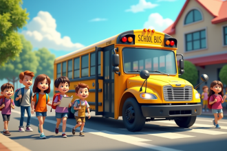 Bus scolaire moderne devant l école avec enfants et professeur