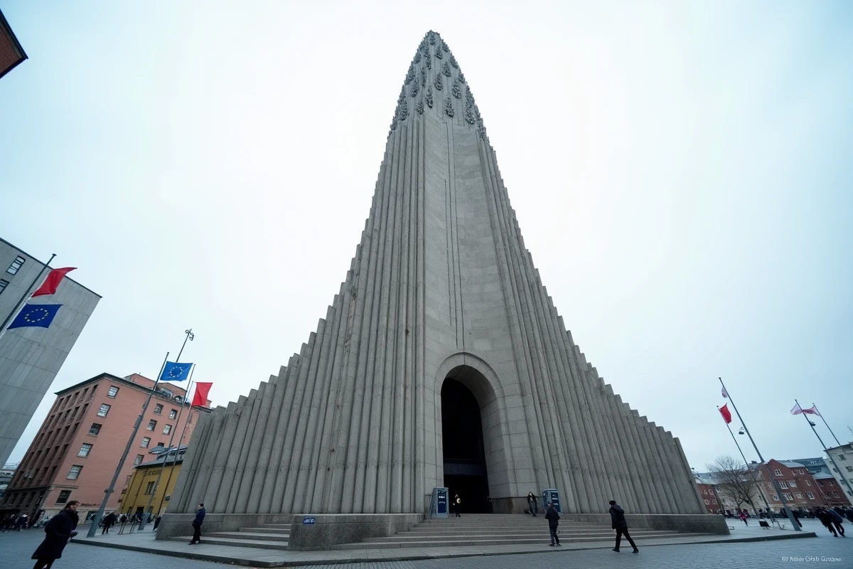 Église Hallgrímskirkja à Reykjavik vue depuis le sol avec les drapeaux islandais et européen flottant à proximité, architecture inspirée des formations basaltiques