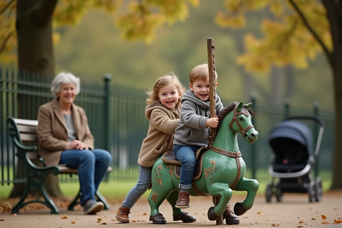 Enfants jouant sur un manège traditionnel dans un jardin public parisien lors d'une pause en balade