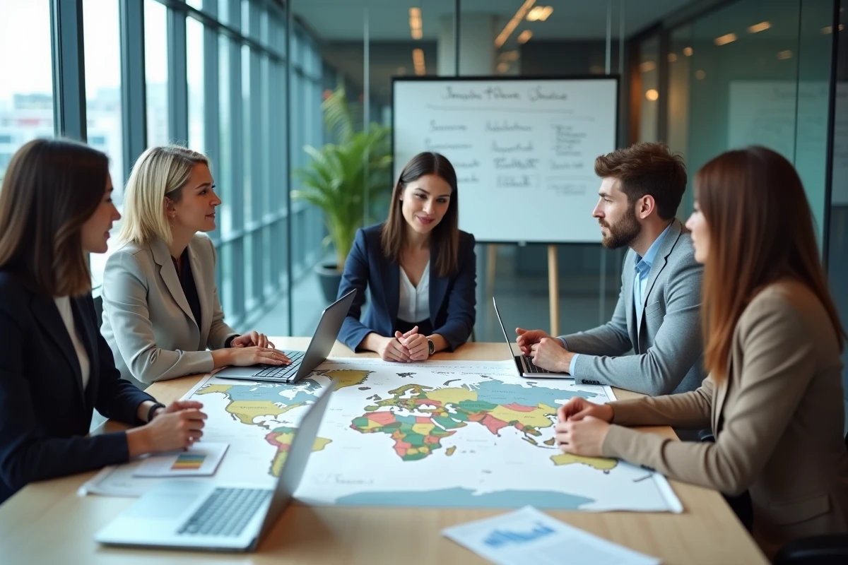 Équipe internationale de professionnels analysant une carte des fuseaux horaires mondiaux lors d'une réunion d'affaires