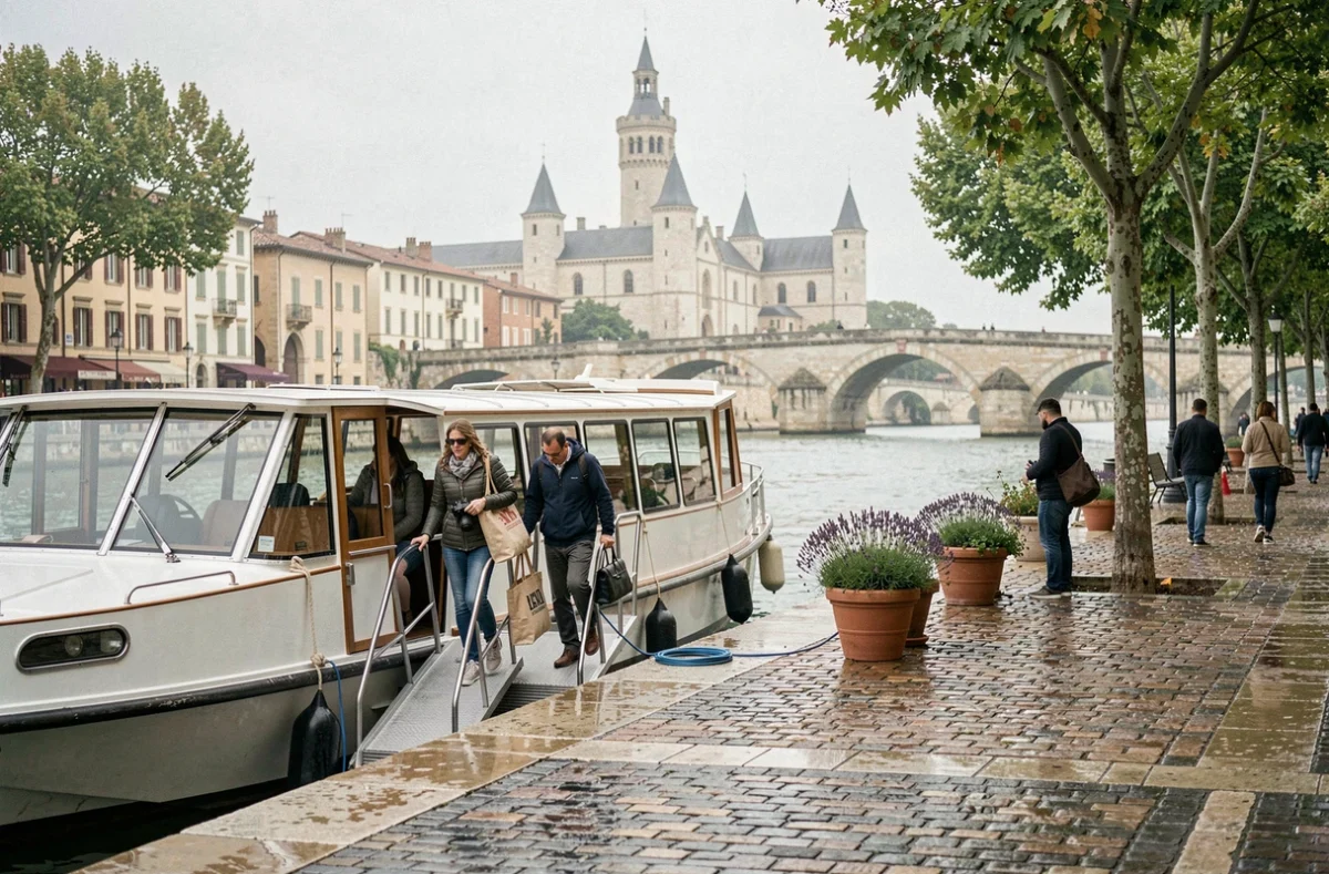Bateau de croisière amarré sur les quais d'Avignon avec le Pont Saint-Bénezet et le Palais des Papes en arrière-plan