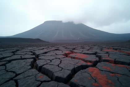Champ de lave solidifiée au pied de l'Etna en Sicile avec panache de gaz volcanique visible au loin, illustrant les zones volcaniques actives d'Italie