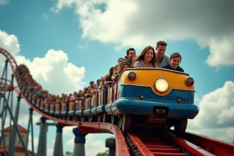 Montagne russe d'Europa-Park saisie en pleine descente avec une vitesse gelée et une netteté parfaite, vue depuis le bord de la voie