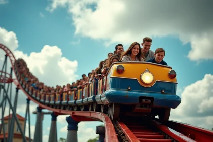 Montagne russe d'Europa-Park saisie en pleine descente avec une vitesse gelée et une netteté parfaite, vue depuis le bord de la voie