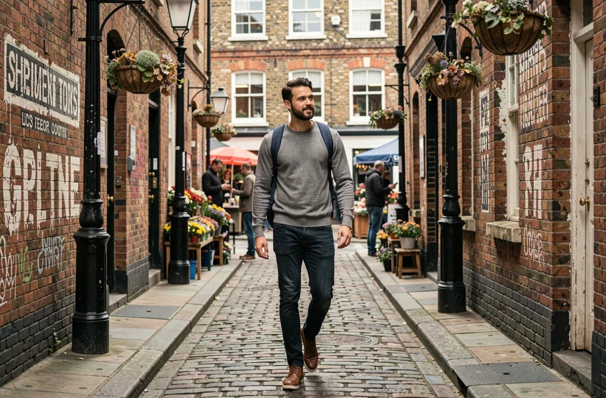 Homme explorant les ruelles pavées de Covent Garden à pied, lors d'un premier circuit de découverte du centre de Londres