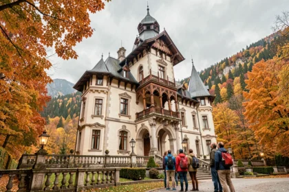 Façade extérieure du château de Peleș en automne avec des touristes devant l'entrée principale
