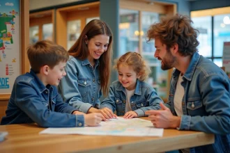 Famille souriante à l'agence de voyage à Nantes