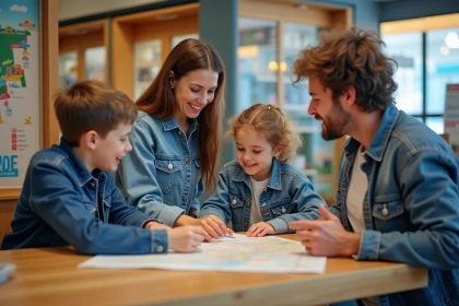 Famille souriante à l'agence de voyage à Nantes