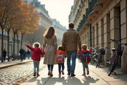 Famille avec enfants se promenant à pied le long des quais de la Seine à Paris lors d'une balade en ville