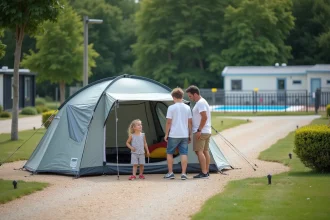 Famille installant une tente sur l'emplacement soigné d'un grand camping chaîne avec piscine et bloc sanitaire visible en arrière-plan