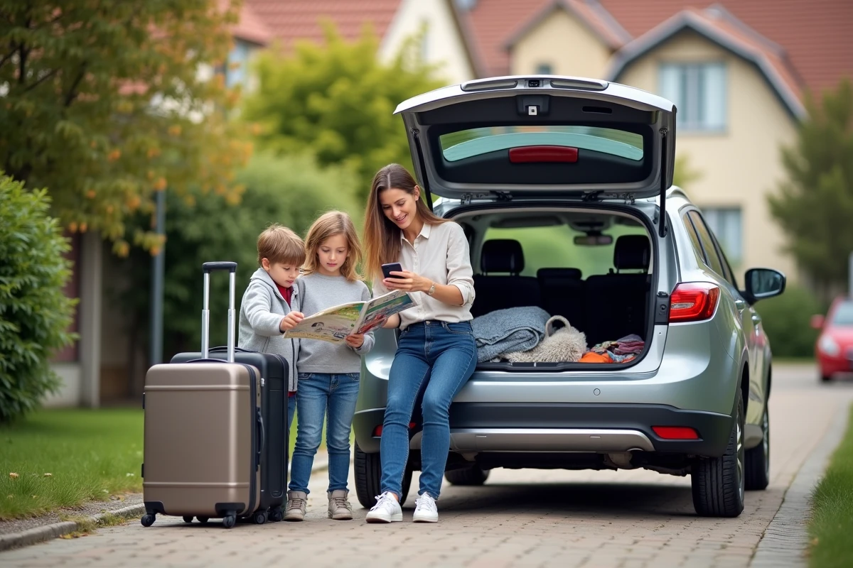 Famille préparant ses vacances devant la voiture à Nantes