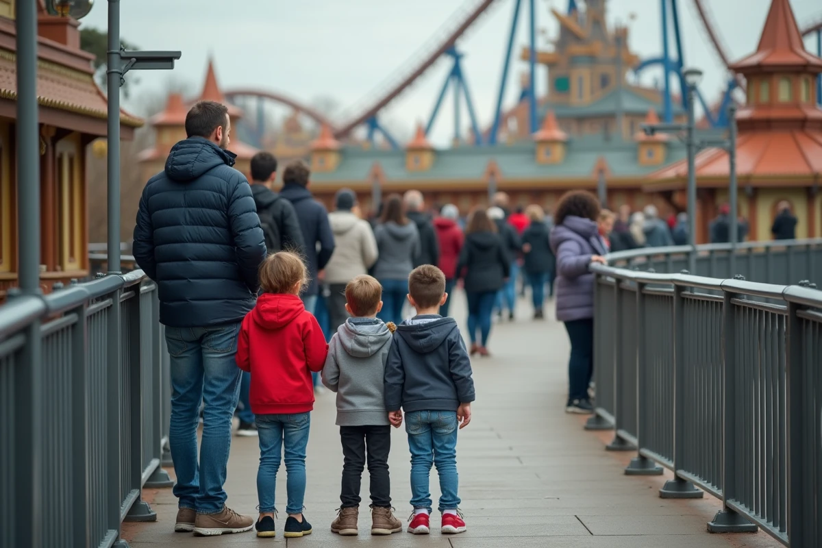 Famille de quatre en file d attente au parc d attraction