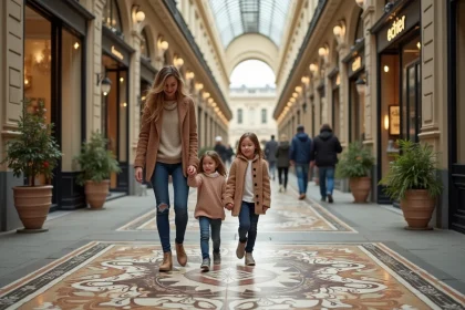 Famille promenade dans Galerie Vivienne à Paris
