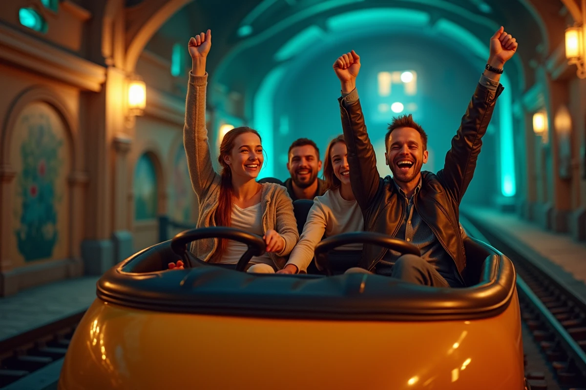 Famille saisie en pleine action dans un manège tournant d'Europa-Park, vitesse capturée nette grâce à une technique photographique précise en intérieur