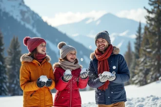 Famille souriante jouant dans la neige en montagne