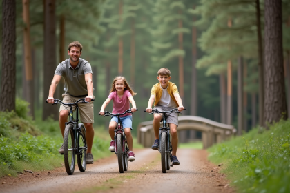Famille souriante à vélo dans la forêt en été