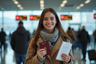 Jeune femme souriante à l'aéroport canadien avec passeport