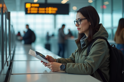 Femme à l'aéroport présentant son passeport et document