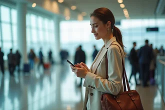 Femme au terminal d'aéroport consultant son application MisterFly Club sur smartphone avant un départ en voyage